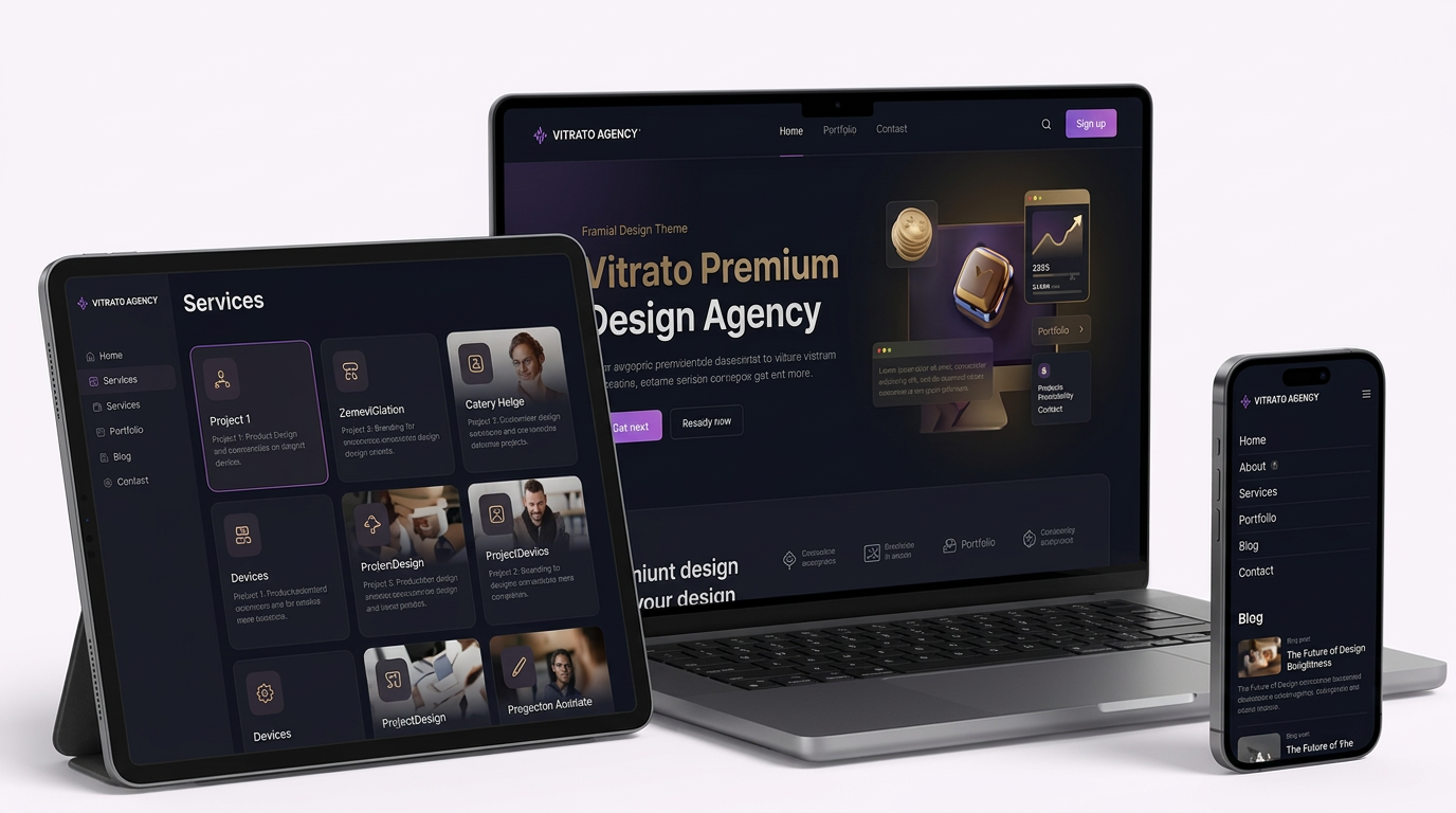 Faqe interneti në laptop, tablet dhe telefon